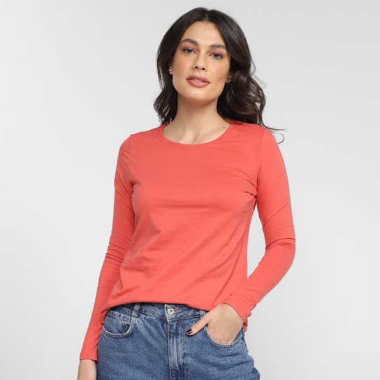 Camiseta Basicamente Manga Longa Feminina - Laranja Menor preço em Camiseta Basicamente Manga Longa Feminina - Laranja