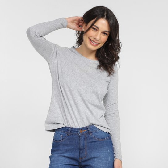 Camiseta Basicamente Manga Longa Feminina - Mescla Claro Menor preço em Camiseta Basicamente Manga Longa Feminina - Mescla Claro