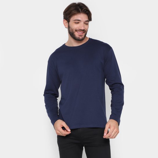 Camiseta Basicamente Manga Longa Masculina - Marinho Menor preço em Camiseta Basicamente Manga Longa Masculina - Marinho