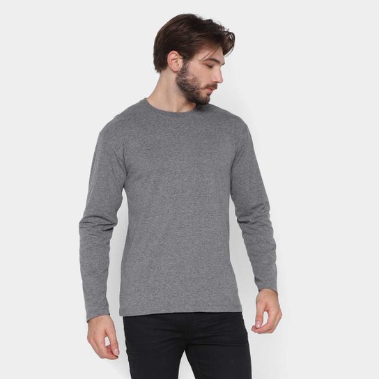 Camiseta Basicamente Manga Longa Masculina - Mescla Escuro Menor preço em Camiseta Basicamente Manga Longa Masculina - Mescla Escuro