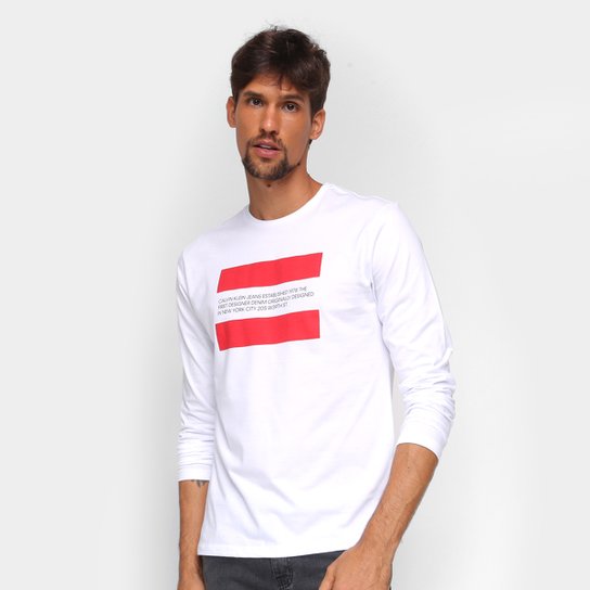 Camiseta Calvin Klein Manga Longa Faixas Masculina - Branco