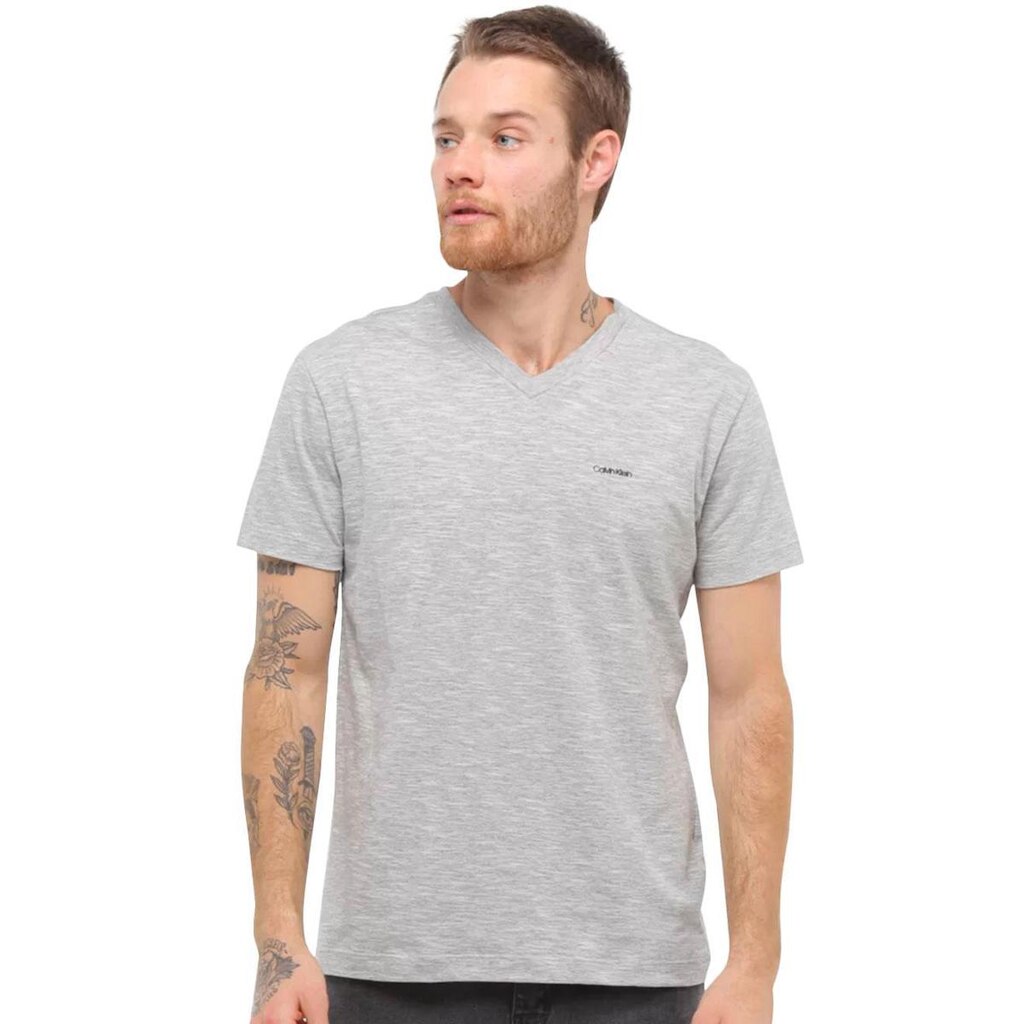 Camiseta Calvin Klein Masculina V-Neck Logo Flamê Cinza Mescla