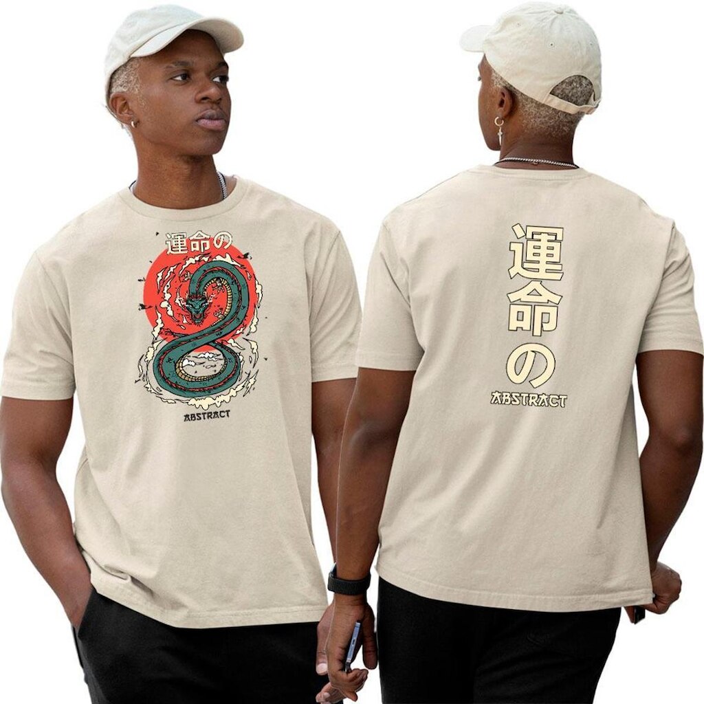 Camiseta Camisa Algodão‎ Dragon Japonese Writing Abstract