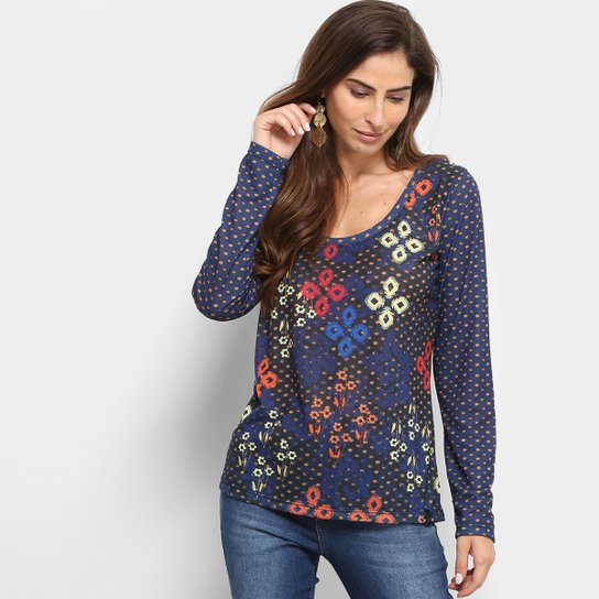 Camiseta Cantão Estampada Manga Longa Feminina - Marinho