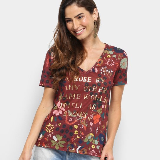 Camiseta Cantão Estampada Silk Feminina - Bordô