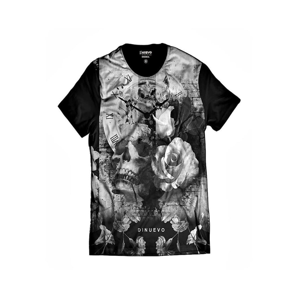 Camiseta Caveira com Flor e Relógio Retrô Swag e Rap