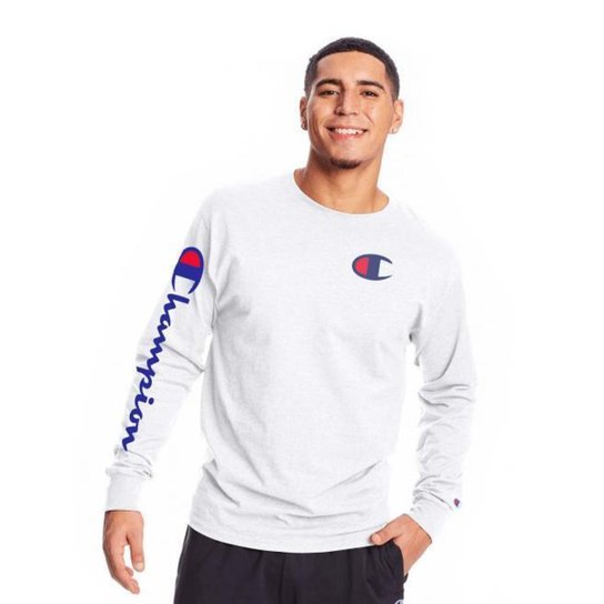 Camiseta Champion Manga Longa Script Left Off-White - Branco Menor preço em Camiseta Champion Manga Longa Script Left Off-White - Branco