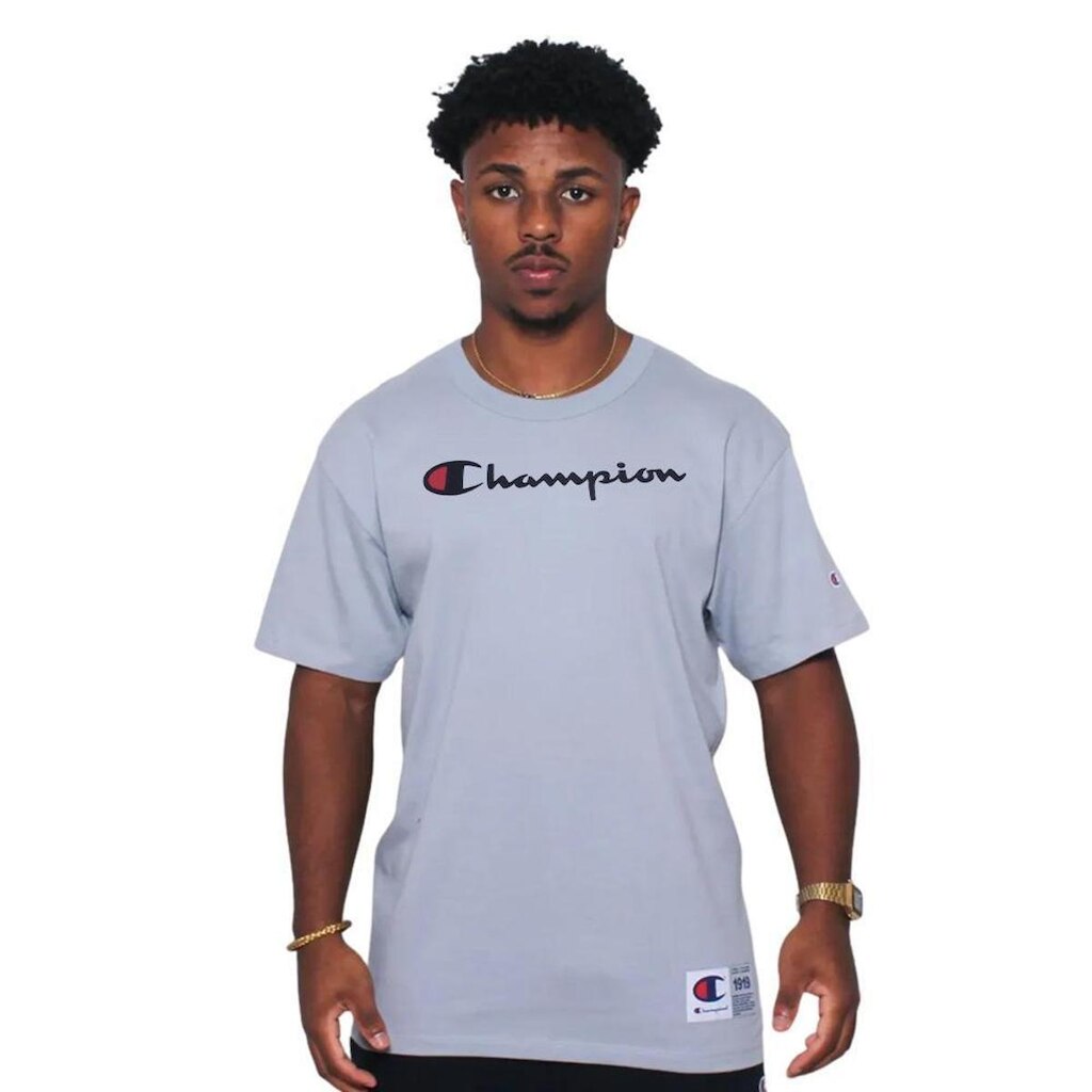 Camiseta Champion Pes Logo Bordado Script Cinza Masculino