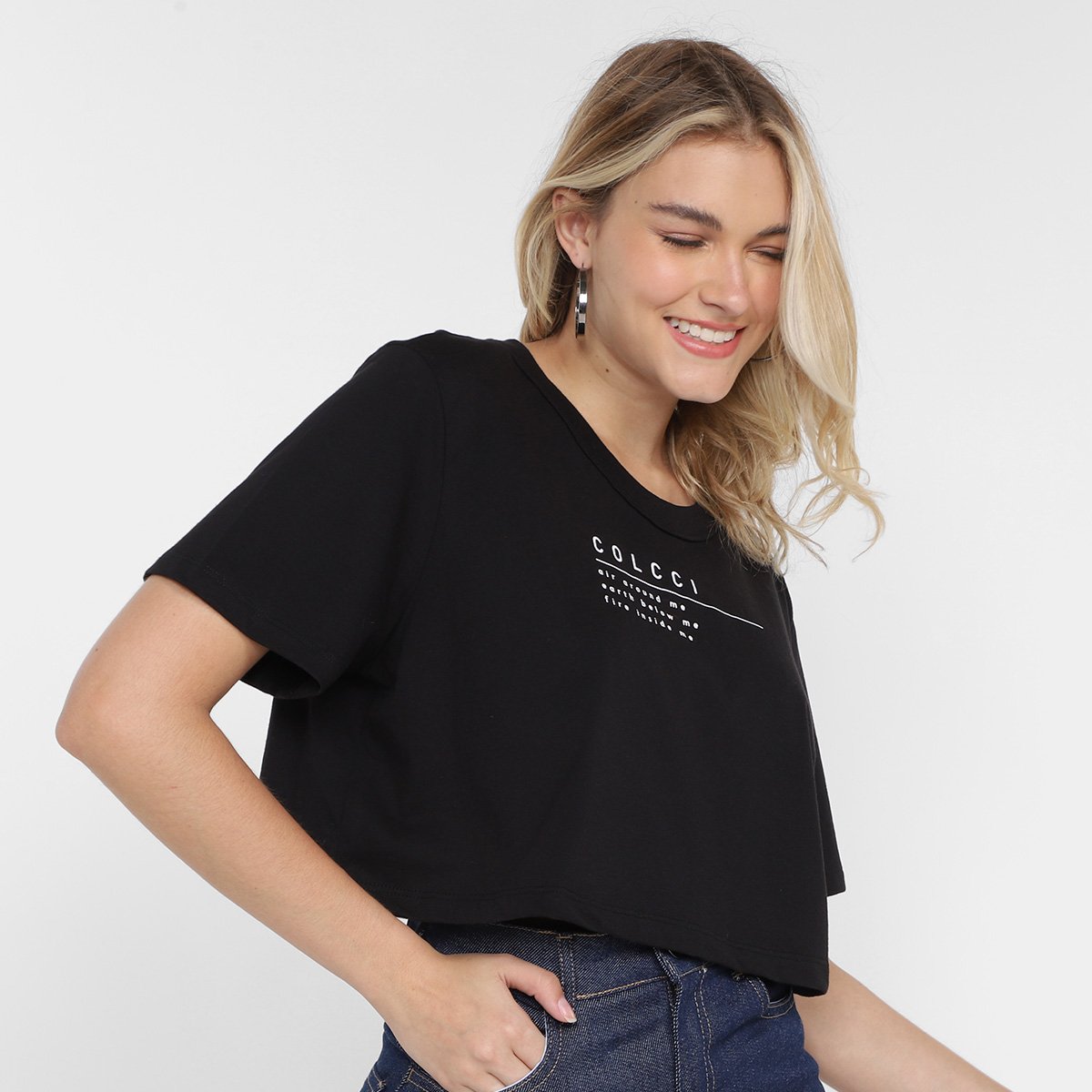 Camiseta Colcci Cropped Logo Feminina Preto Netshoes