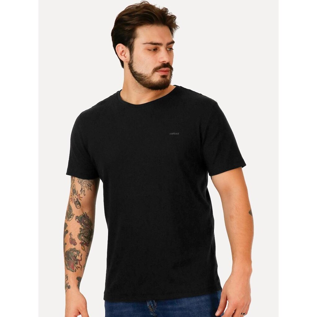 Camiseta Colcci Masculina Slim Malha Canelada Preta