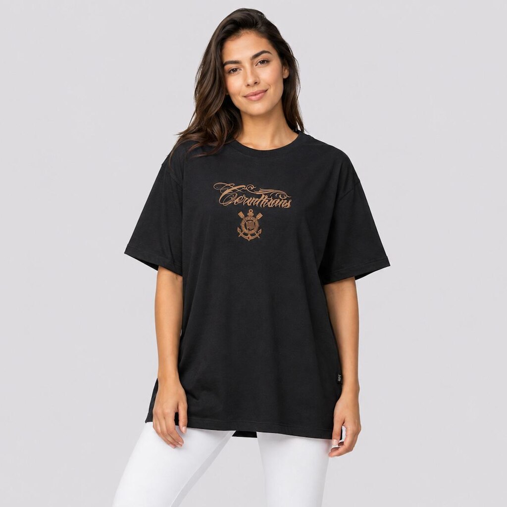 Camiseta Corinthians Fé, Paixão e Loucura Oversized Feminina Preta