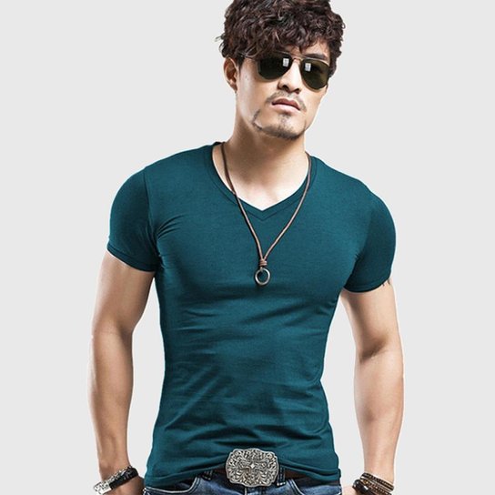 Camiseta Darkwood Slim Fit Gola V Petróleo - Azul Menor preço em Camiseta Darkwood Slim Fit Gola V Petróleo - Azul