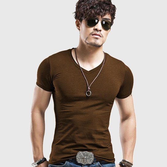 Camiseta Darkwood Slim Fit Gola V - Marrom Menor preço em Camiseta Darkwood Slim Fit Gola V - Marrom