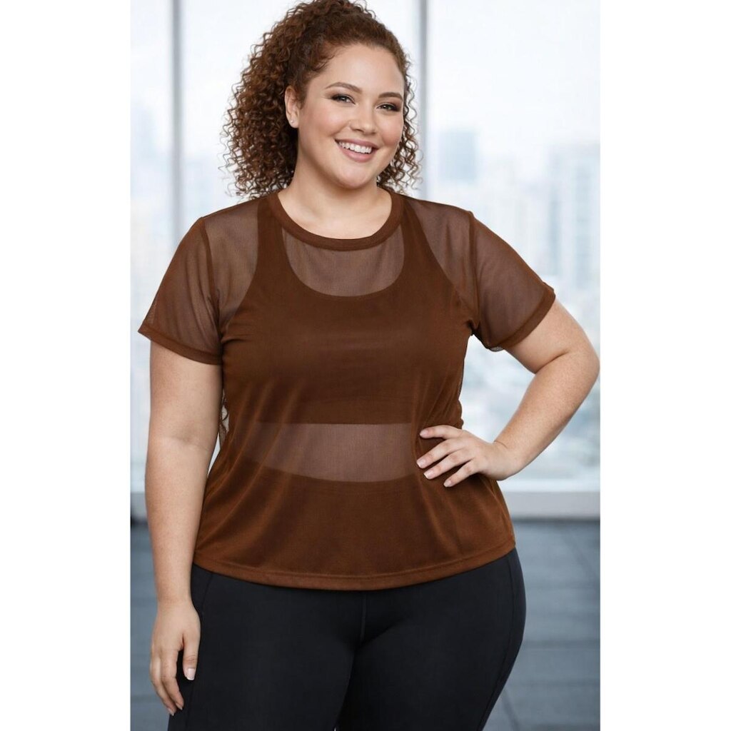 Camiseta de Tule Plus Size Transparente para Treino e Yoga