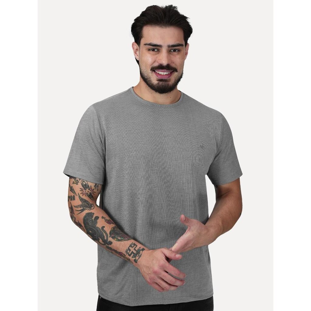 Camiseta Dudalina Masculina Essentials Mini Stripe Vertical Cinza Claro