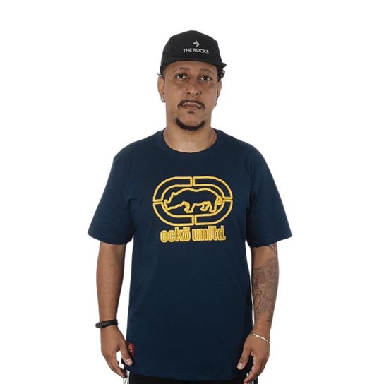 Camiseta Ecko Estampada Logo Felp Masculina - Azul Menor preço em Camiseta Ecko Estampada Logo Felp Masculina - Azul