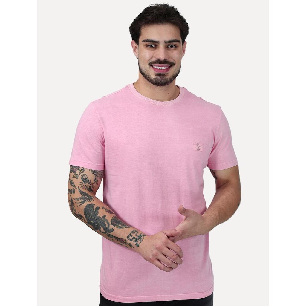 Camiseta Ellus Masculina Cotton Washed Origin. Classic Rosa Claro