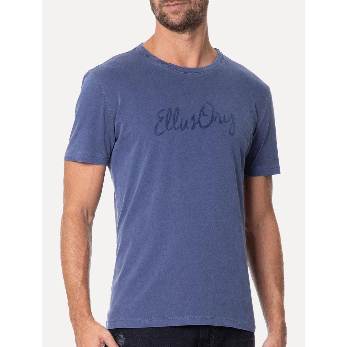 Camiseta Ellus Masculina Cotton Washed Origin. Script Azul Escuro