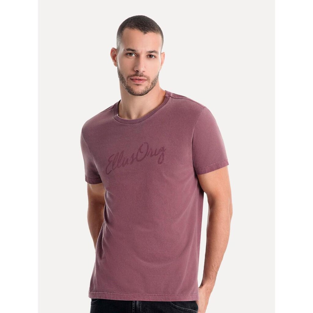 Camiseta Ellus Masculina Cotton Washed Origin. Script Bordô
