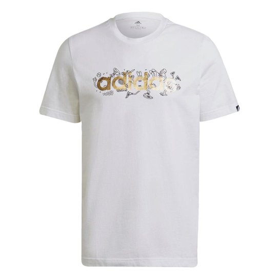 Camiseta Estampada Doodle Foil Adidas - Branco+dourado Menor preço em Camiseta Estampada Doodle Foil Adidas - Branco+dourado