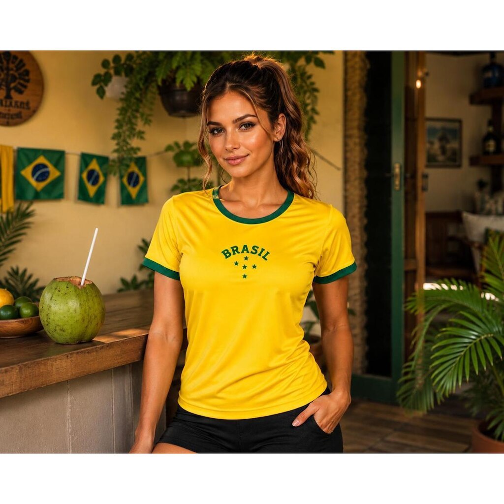 Camiseta Feminina Brasil Copa 2026Estilo Casual Tecido Premium Poliéster e Viscose