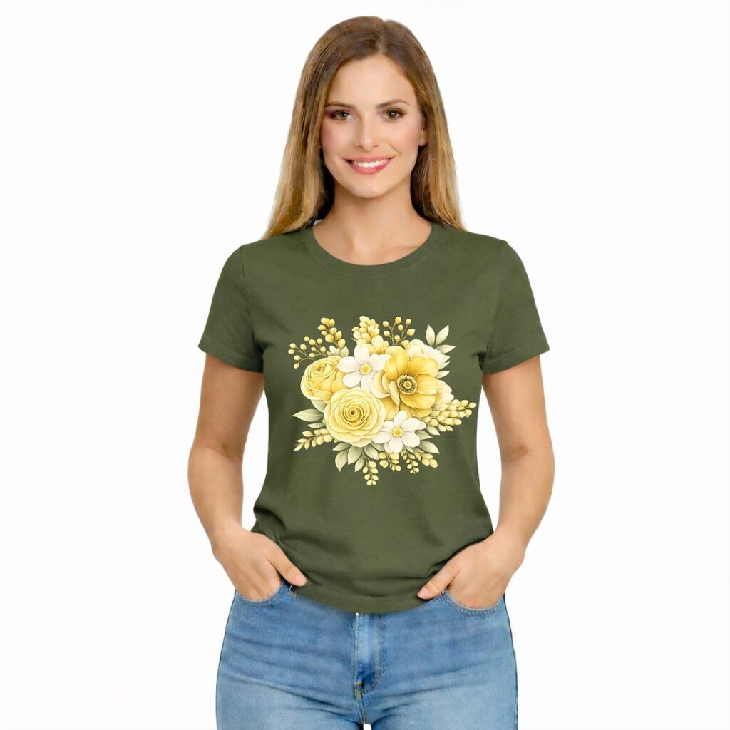 Camiseta Feminina Estampada Floral Flores Amarelas Algodão Confortável Premium