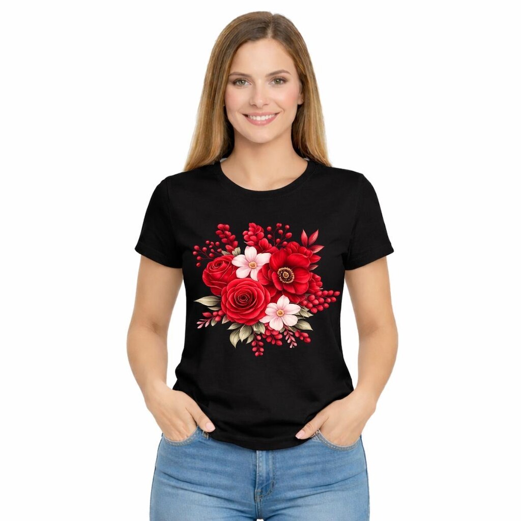 Camiseta Feminina Estampada Rosa Flores Vermelhas Premium