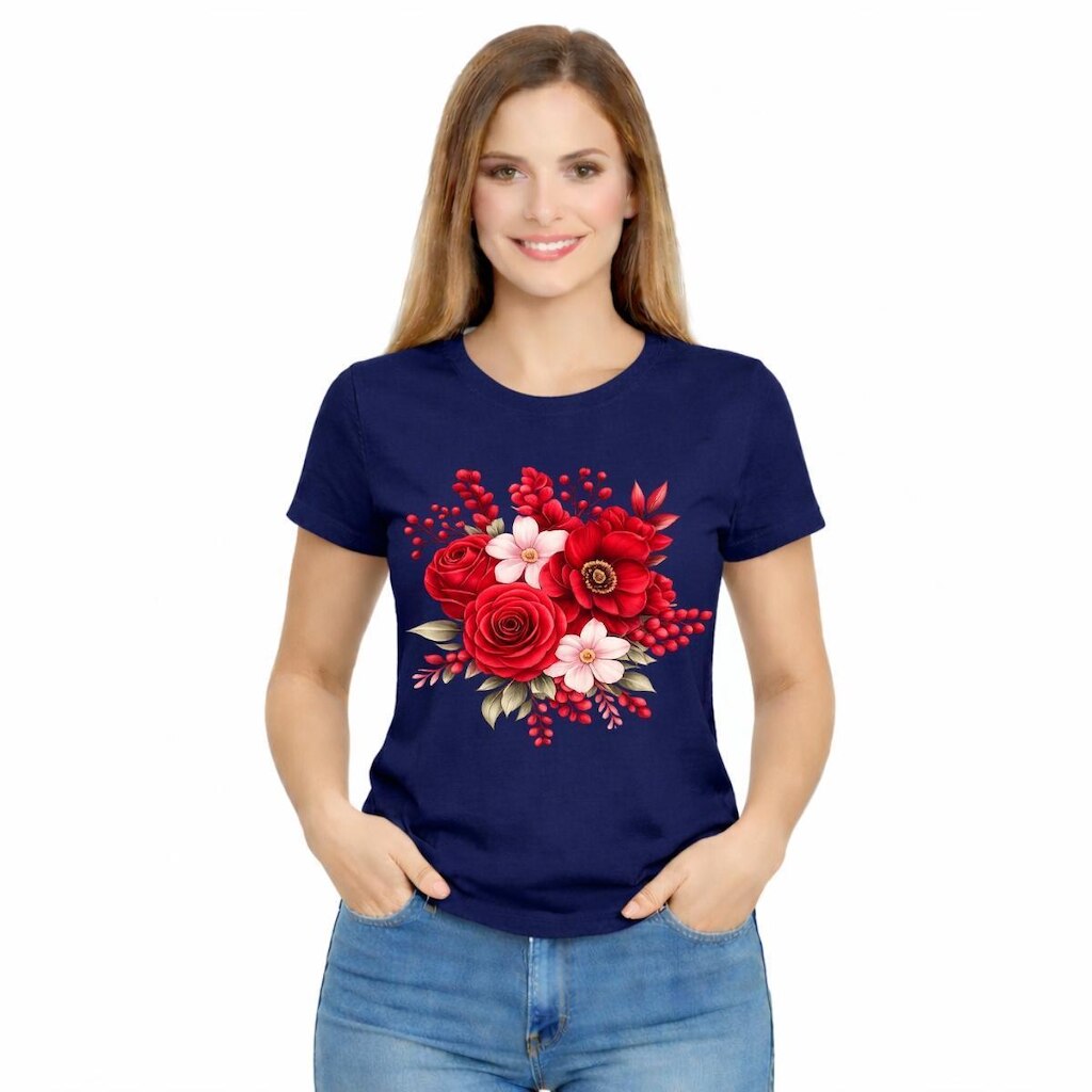 Camiseta Feminina Estampada Rosa Flores Vermelhas Premium