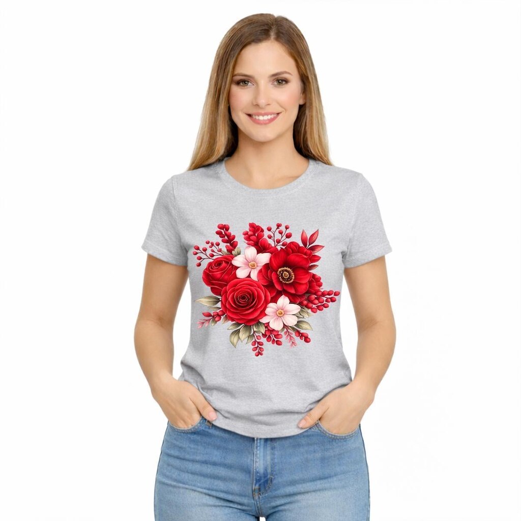 Camiseta Feminina Estampada Rosa Flores Vermelhas Premium