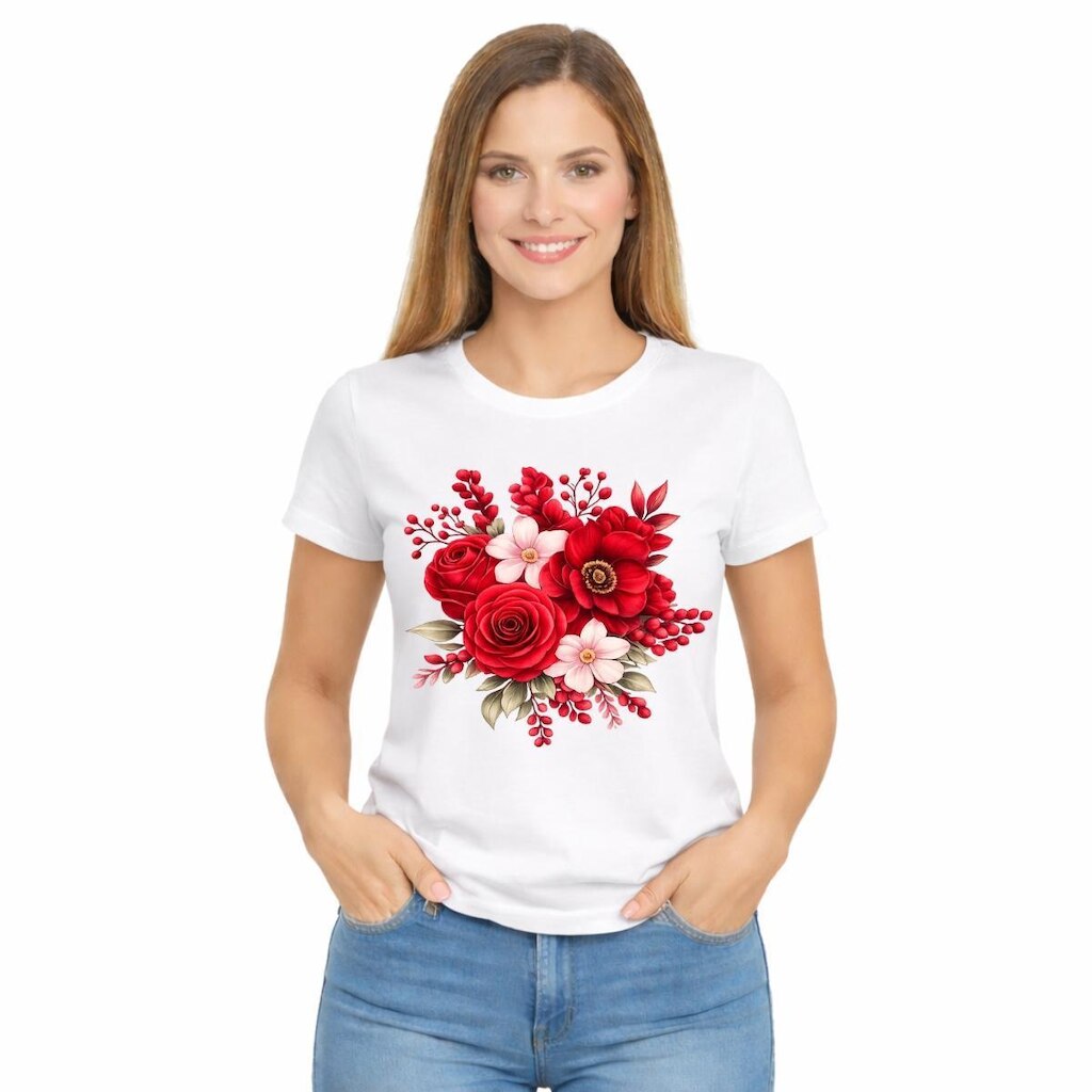 Camiseta Feminina Estampada Rosa Flores Vermelhas Premium