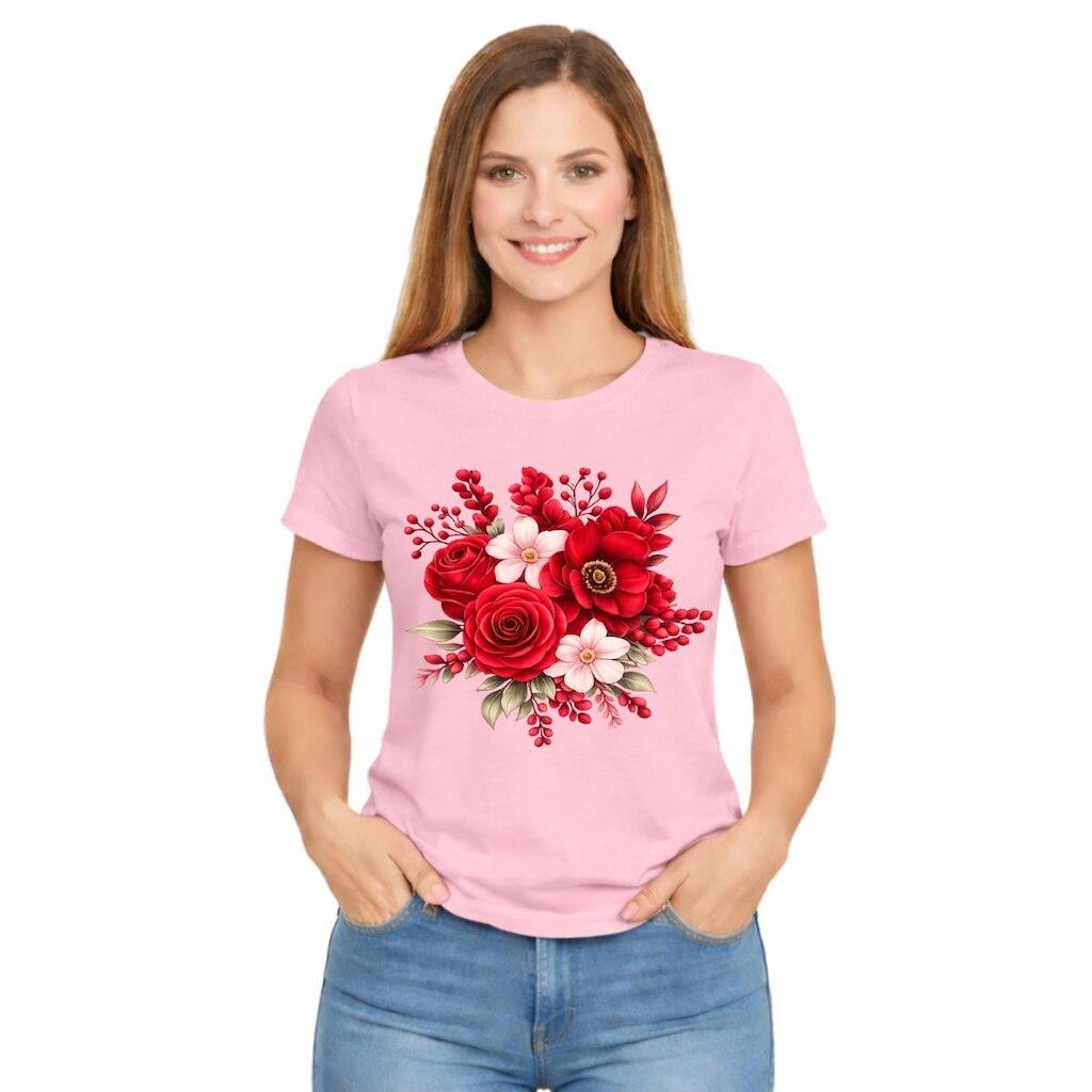 Camiseta Feminina Estampada Rosa Flores Vermelhas Premium