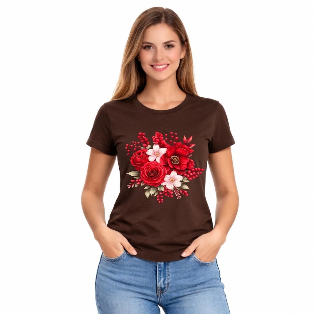 Camiseta Feminina Estampada Rosa Flores Vermelhas Premium