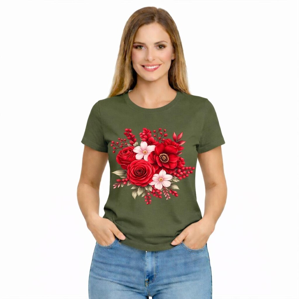 Camiseta Feminina Estampada Rosa Flores Vermelhas Premium