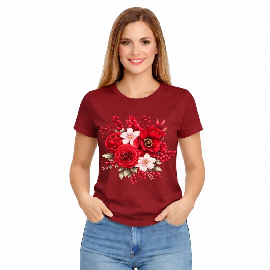 Camiseta Feminina Estampada Rosa Flores Vermelhas Premium