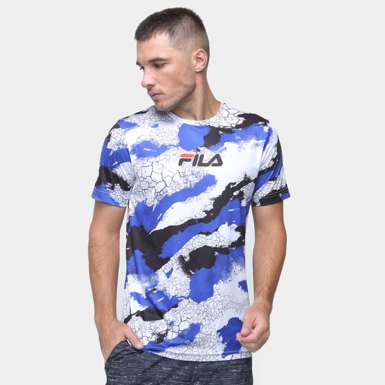 Camiseta Fila Basic Run Print Rock Masculina - Branco+Azul Royal Menor preço em Camiseta Fila Basic Run Print Rock Masculina - Branco+Azul Royal
