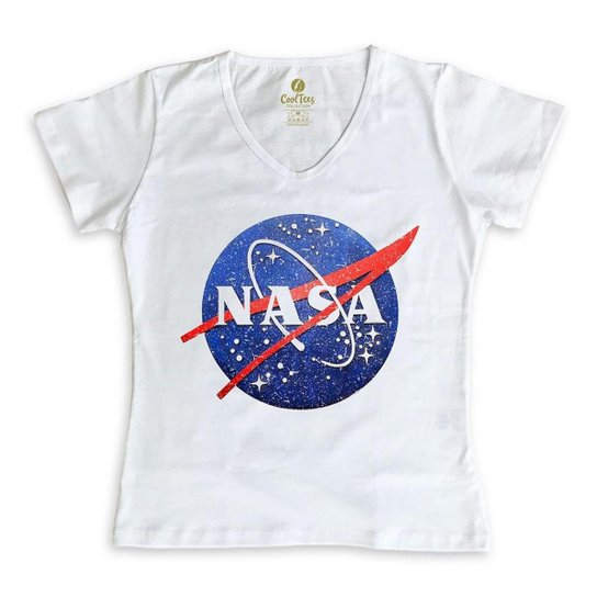 Camiseta Gola V Geek Cool Tees Nasa Vintage Feminina - Branco