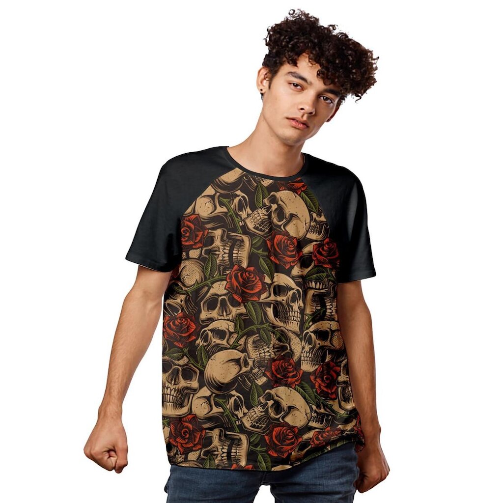 Camiseta Gold Skull And Red Roses Raglan