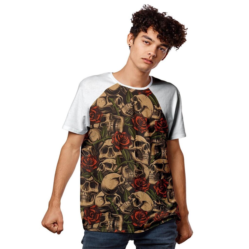 Camiseta Gold Skull And Red Roses Raglan