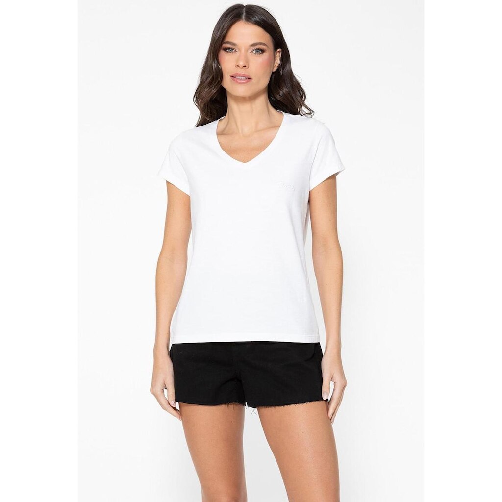 Camiseta Guess Dec V Bordado Cursivo Branco