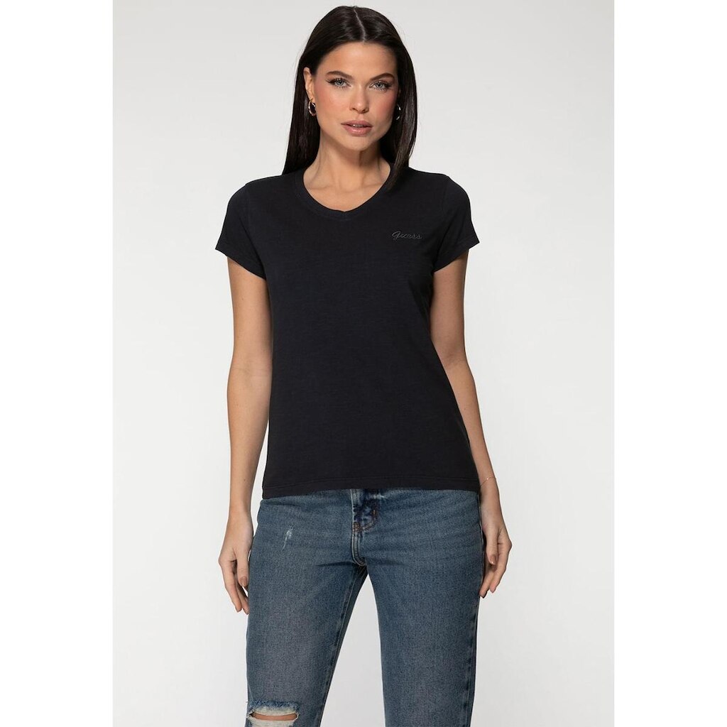 Camiseta Guess Dec V Bordado Cursivo Preto