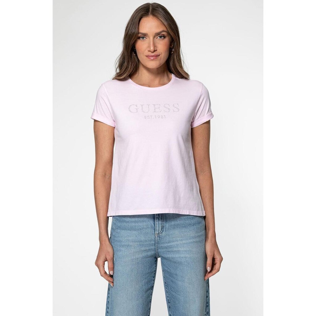 Camiseta Guess Manga Dobrada Hotfix Rosa Claro