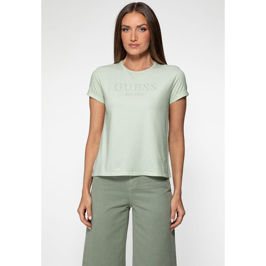Camiseta Guess Manga Dobrada Hotfix Verde Claro