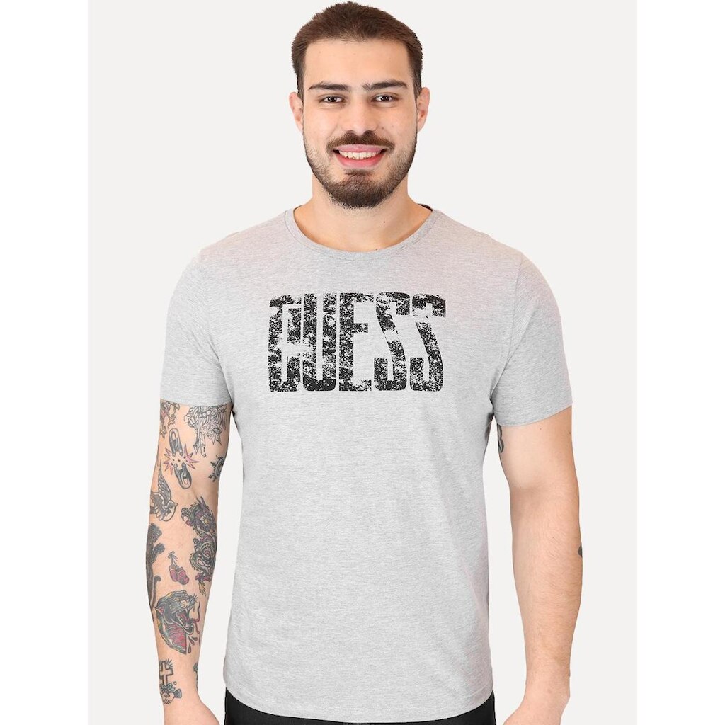 Camiseta Guess Masculina Eroded Logo Print Cinza Mescla