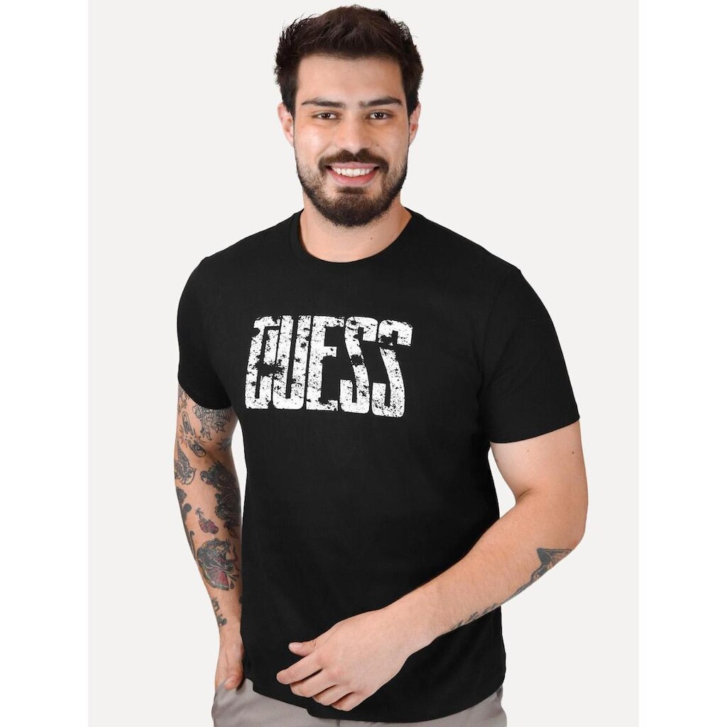 Camiseta Guess Masculina Eroded Logo Print Preta