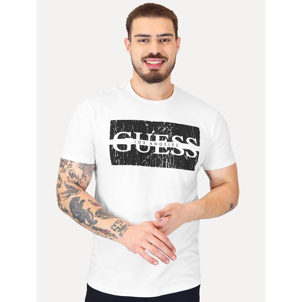 Camiseta Guess Masculina Logo Destroyed Block Branca