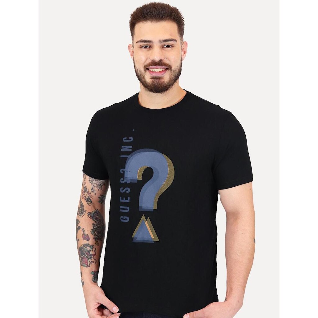 Camiseta Guess Masculina Logo Inc Question Preta