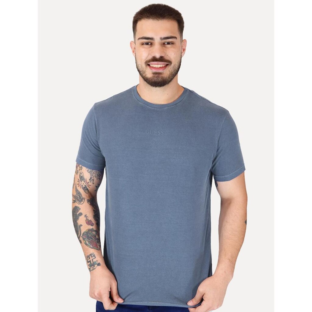 Camiseta Guess Masculina Rubber Est.1981 Stoned Azul Escuro