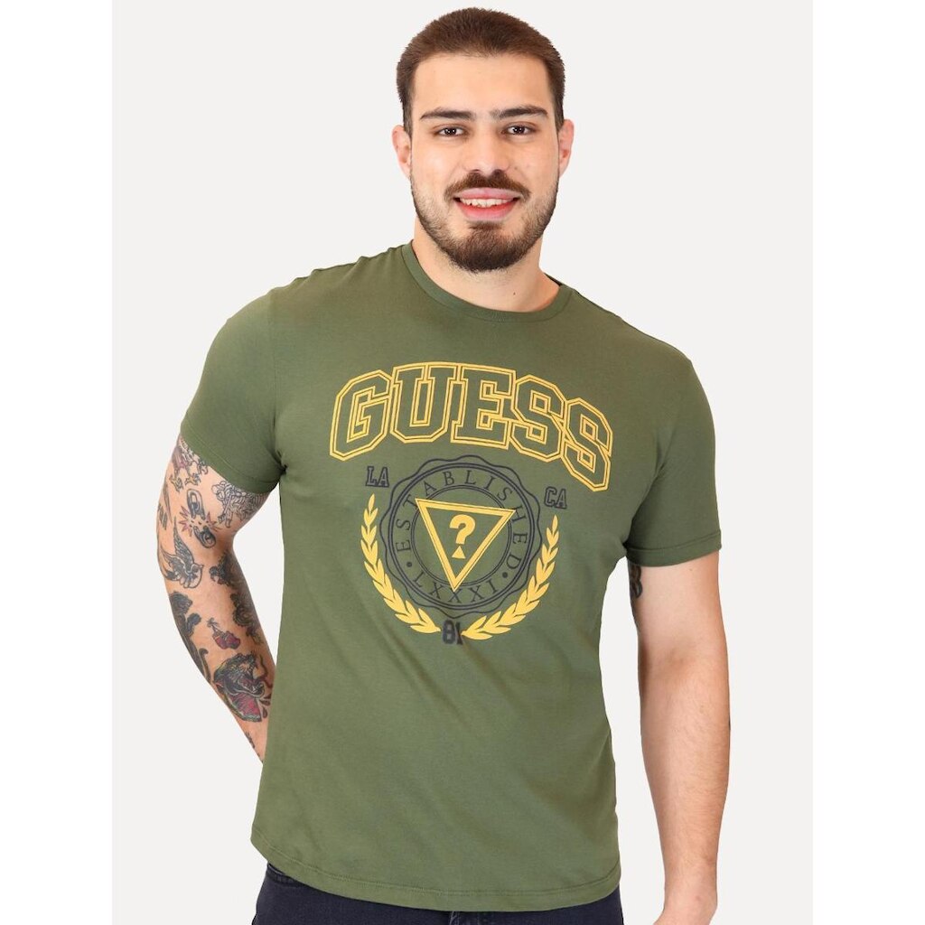 Camiseta Guess Masculina Silk Arc Laurel Verde Militar