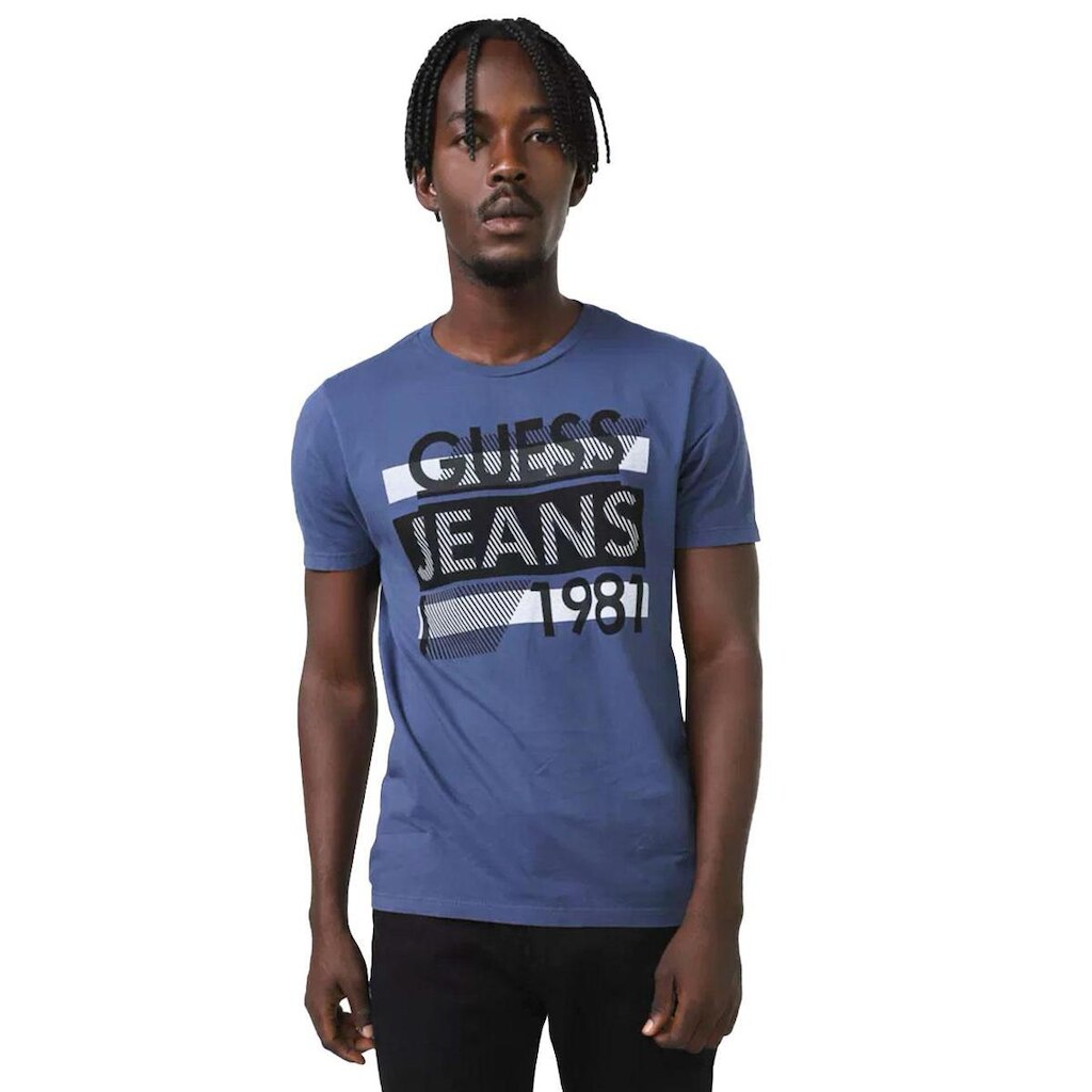 Camiseta Guess Masculina Silk Logo Scratchs Azul Índigo