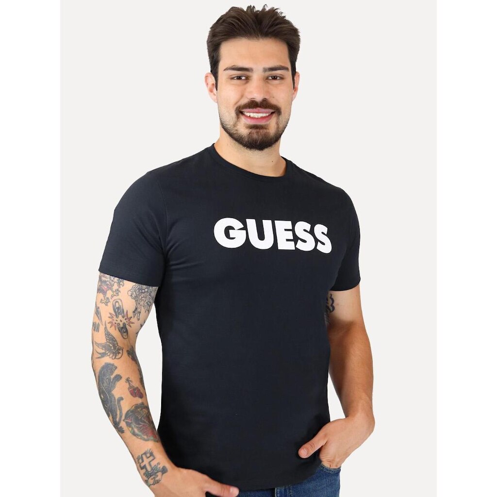 Camiseta Guess Masculina Silk Rubber Logo Azul Marinho